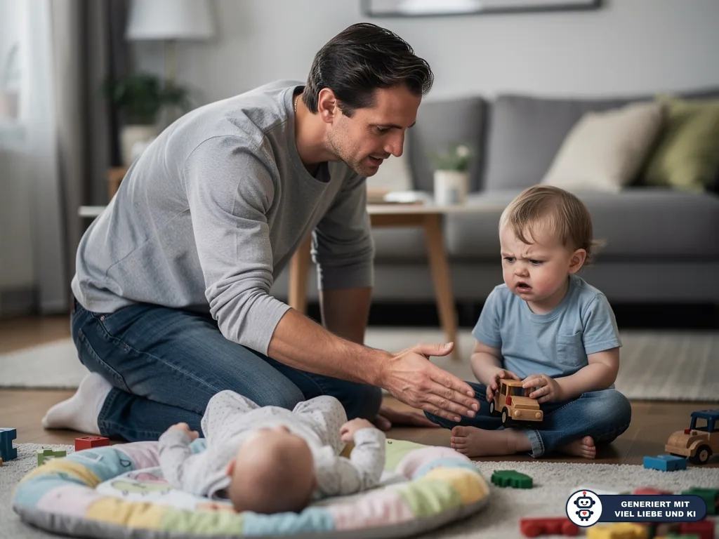 Vater kniet im Wohnzimmer zwischen Baby auf Spielmatte und Kleinkind mit Spielzeugauto. (mit KI erstellt)