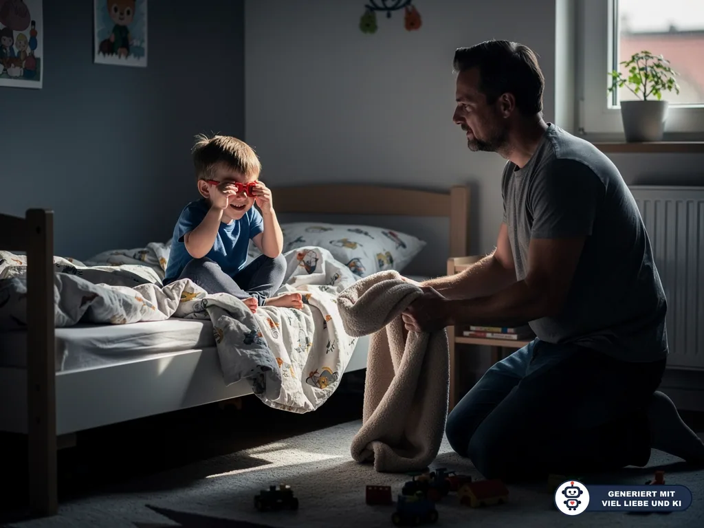 Vater kniet mit Decke vor einem müden Kind im Bett, das eine rote Brille vor die Augen hält. (mit KI erstellt)