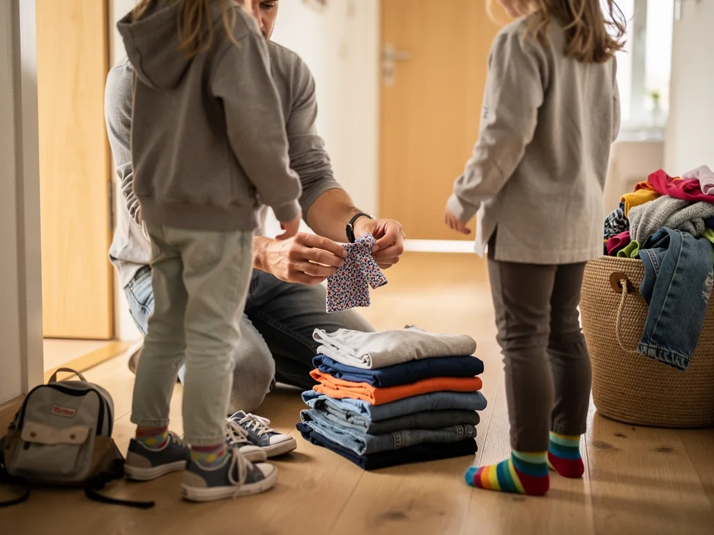 Vater kniet mit zwei Kindern vor gefalteter Kleidung und prüft ein kleines Kleidungsstück.