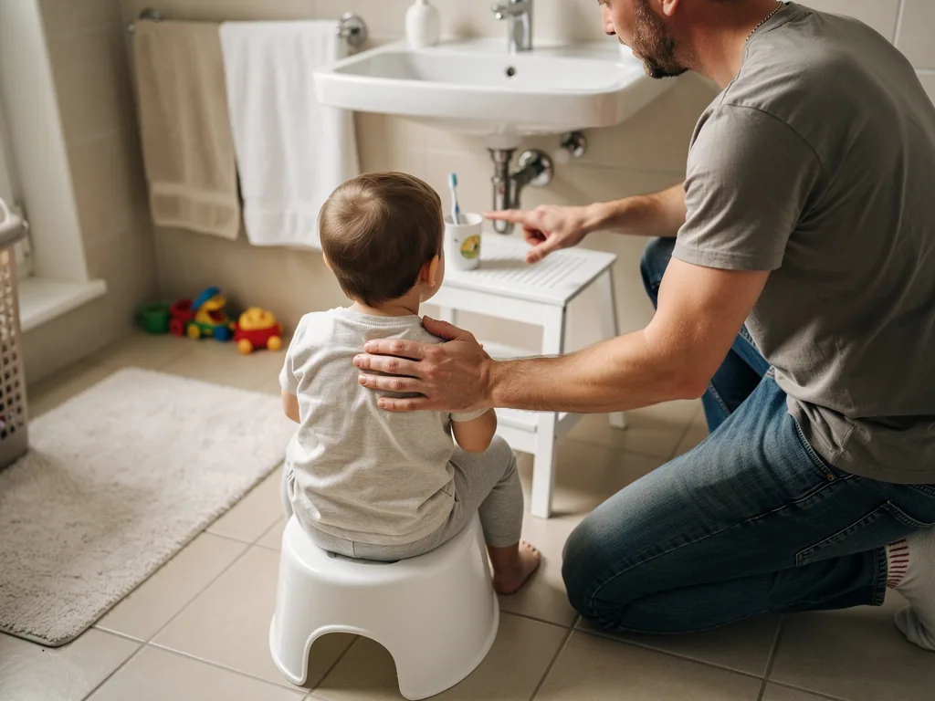 Vater kniet neben Kleinkind auf Töpfchen im Bad und zeigt zum Waschbecken mit Zahnbürste.