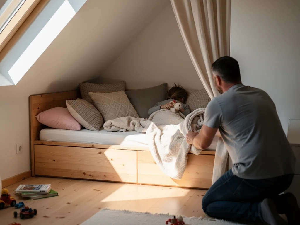 Vater kniet vor einem Bett in der Dachschräge, in dem ein Kind unter Decken und Kissen schläft.