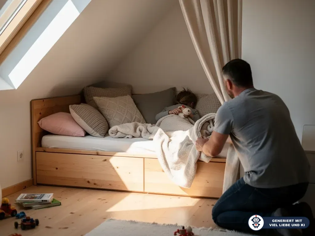 Vater kniet vor einem Bett in der Dachschräge, in dem ein Kind unter Decken und Kissen schläft. (mit KI erstellt)