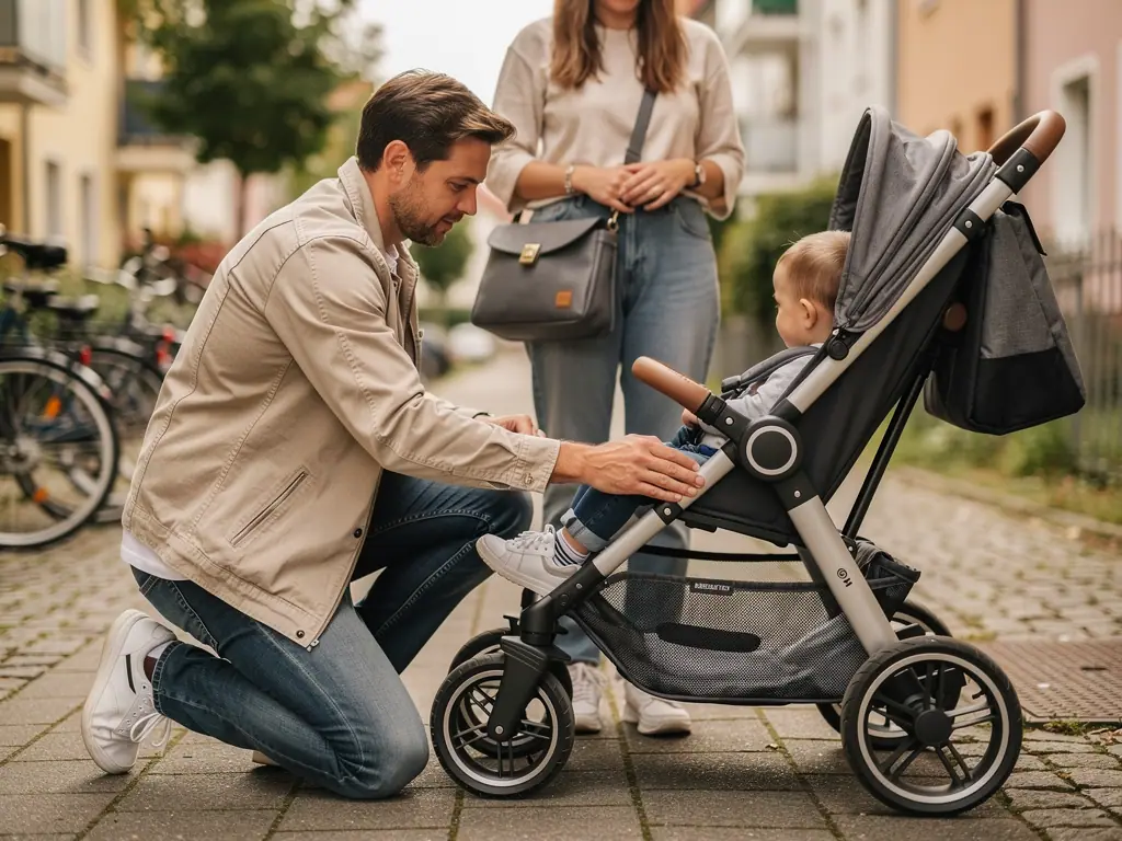 Vater kniet vor einem Buggy mit Kind, während eine Mutter auf dem Gehweg danebensteht.