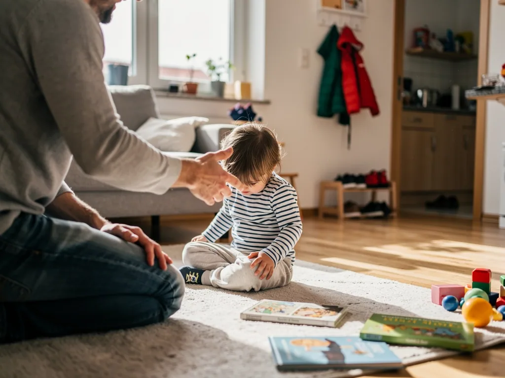 Vater kniet vor Kleinkind auf dem Teppich und zeigt ruhig mit der Hand, Bücher und Spielzeug liegen daneben.