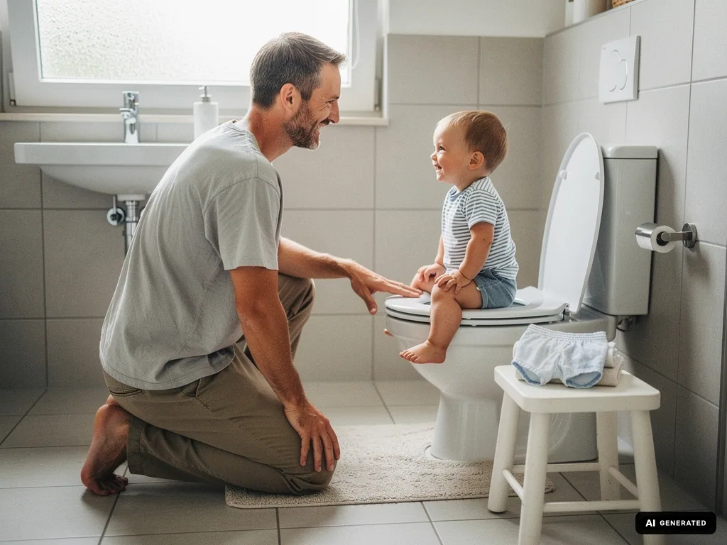 Vater kniet vor Kleinkind auf der Toilette und begleitet es beim Trockenwerden im Badezimmer. (mit KI erstellt)