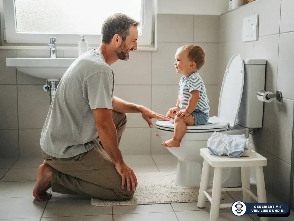 Vater kniet vor Kleinkind auf der Toilette und begleitet es beim Trockenwerden im Badezimmer. (mit KI erstellt)