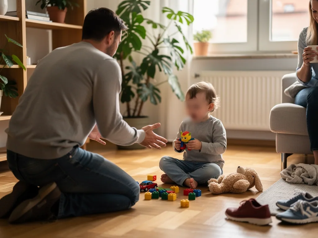 Vater kniet vor Kleinkind mit Spielzeug und spricht ruhig, Mutter sitzt im Wohnzimmer im Hintergrund.