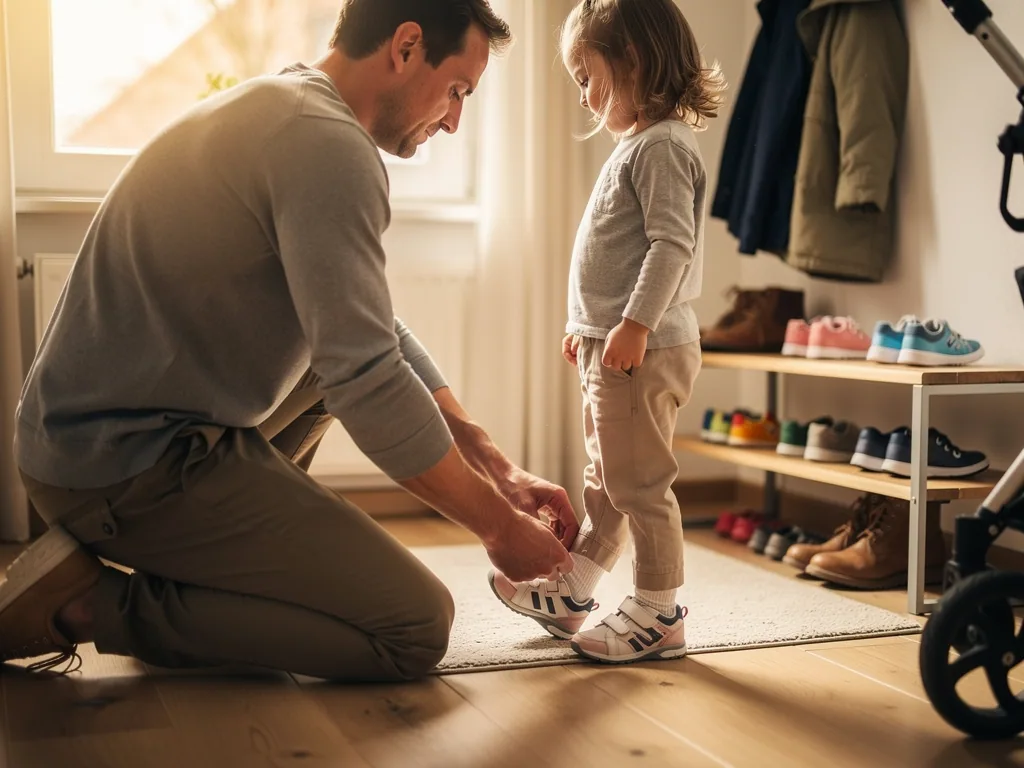 Vater kniet vor seinem Kind und schließt Kinderschuhe; im Hintergrund stehen weitere Schuhe im Regal.
