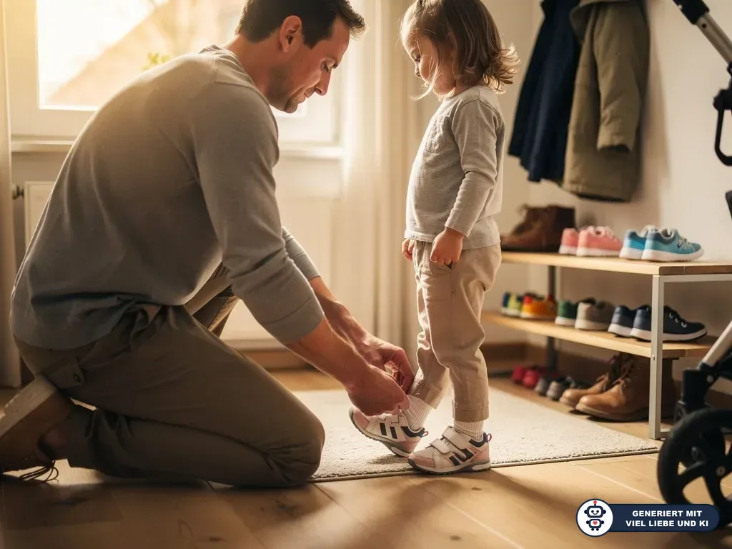 Vater kniet vor seinem Kind und schließt Kinderschuhe; im Hintergrund stehen weitere Schuhe im Regal. (mit KI erstellt)