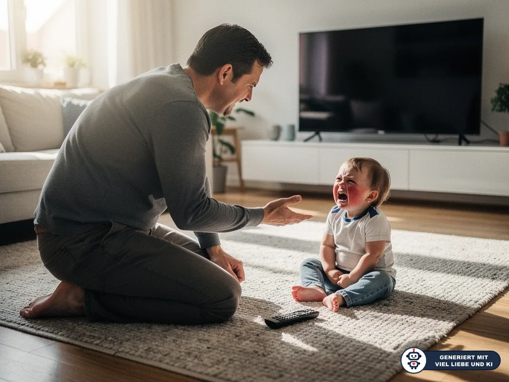 Vater kniet vor weinendem Kleinkind im Wohnzimmer; Fernbedienung liegt vor dem ausgeschalteten Fernseher. (mit KI erstellt)