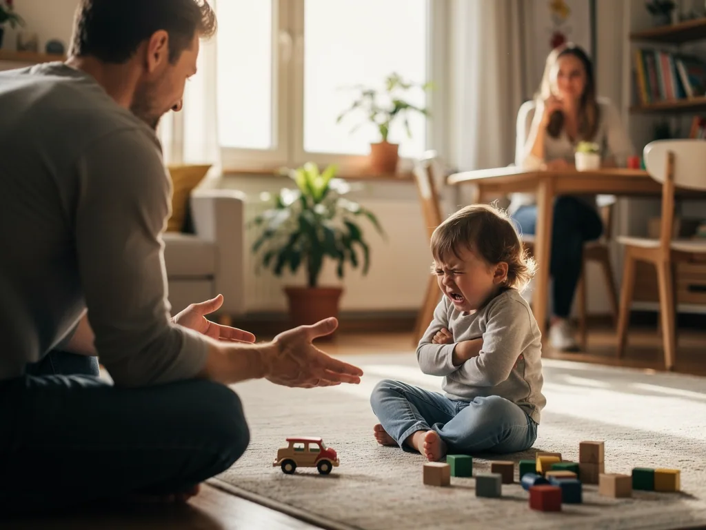 Vater kniet vor weinendem Kleinkind mit verschränkten Armen, Mutter sitzt im Hintergrund am Tisch.
