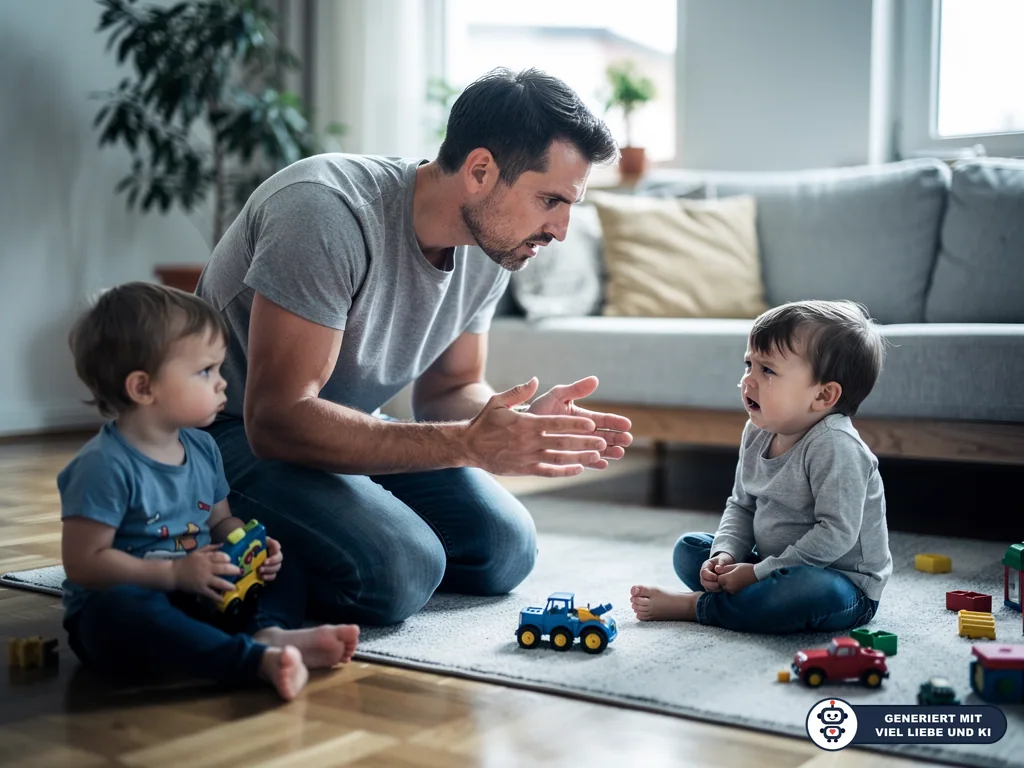 Vater kniet zwischen zwei Kleinkindern auf dem Teppich und spricht ernst mit ihnen, Spielzeugautos liegen daneben. (mit KI erstellt)