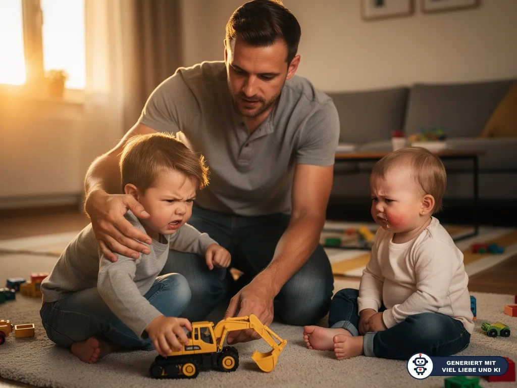Vater kniet zwischen zwei Kleinkindern und hält beim Streit um einen Spielzeugbagger beruhigend Abstand. (mit KI erstellt)