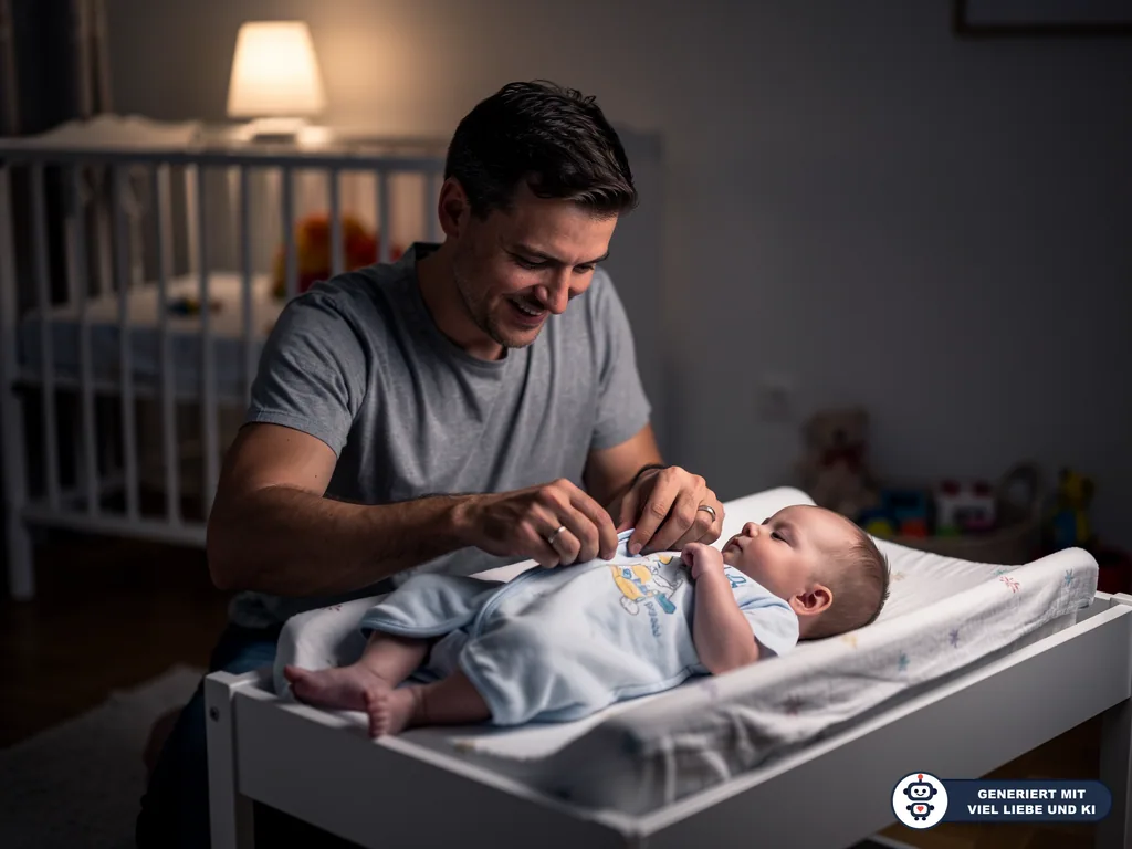 Vater knöpft einem Baby auf dem Wickeltisch im gedimmten Kinderzimmer den Schlafanzug zu. (mit KI erstellt)