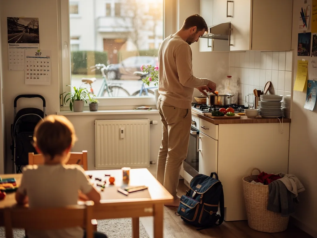 Vater kocht in der Küche, während ein Kind am Tisch spielt; Schulranzen und Kinderwagen stehen bereit.