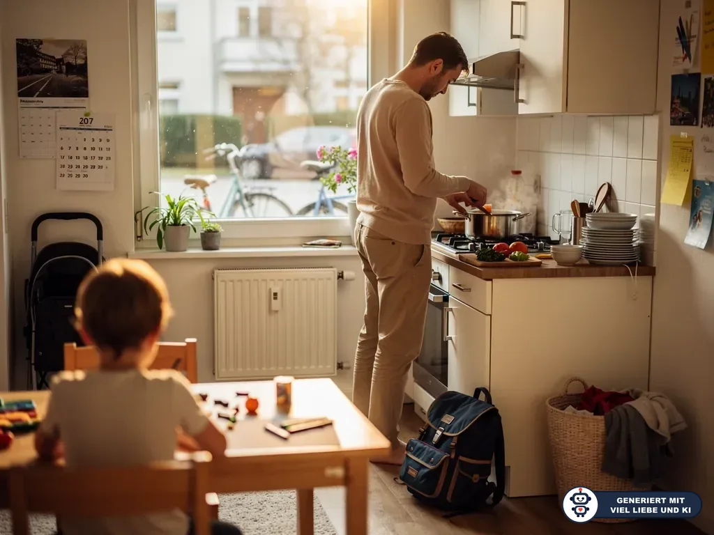 Vater kocht in der Küche, während ein Kind am Tisch spielt; Schulranzen und Kinderwagen stehen bereit. (mit KI erstellt)