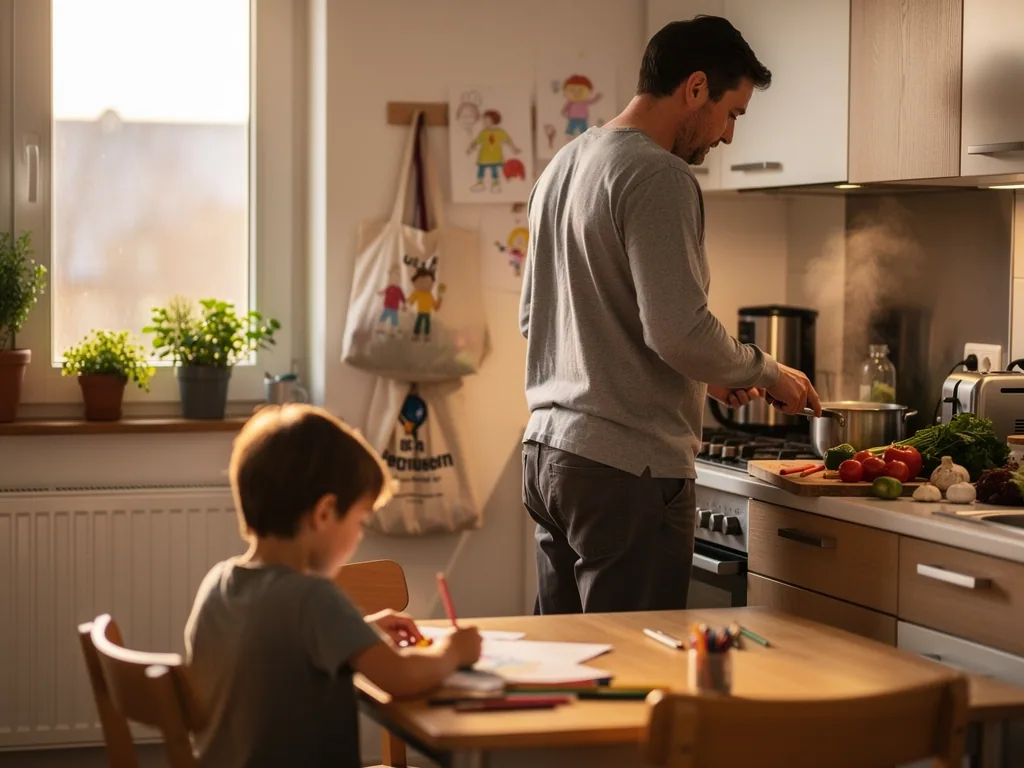 Vater kocht in der Küche, während sein Kind am Tisch malt; Gemüse liegt auf der Arbeitsplatte.