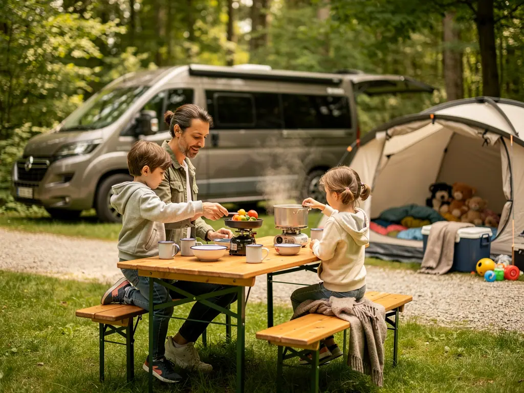 Vater kocht mit zwei Kindern am Campingtisch vor Wohnmobil und Zelt auf einem Waldcampingplatz.