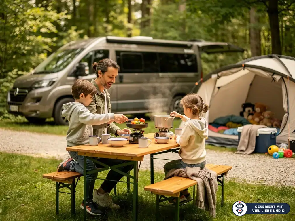 Vater kocht mit zwei Kindern am Campingtisch vor Wohnmobil und Zelt auf einem Waldcampingplatz. (mit KI erstellt)