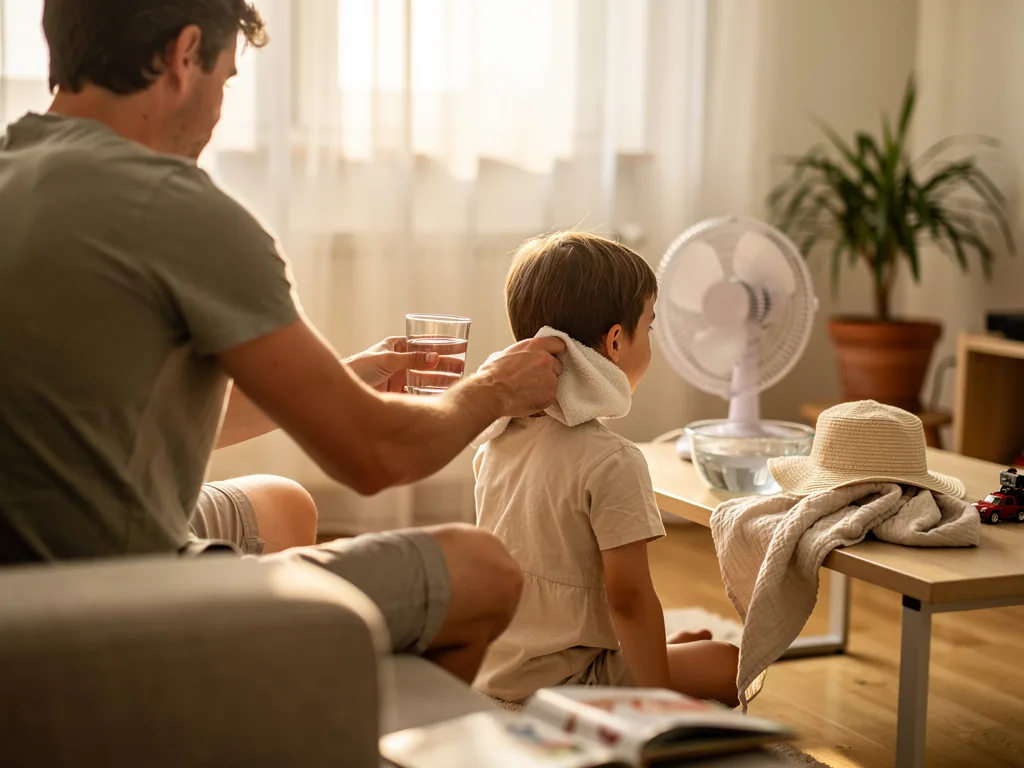 Vater kühlt einem Kind im Wohnzimmer den Nacken mit einem Tuch, daneben stehen Ventilator und Glas Wasser.