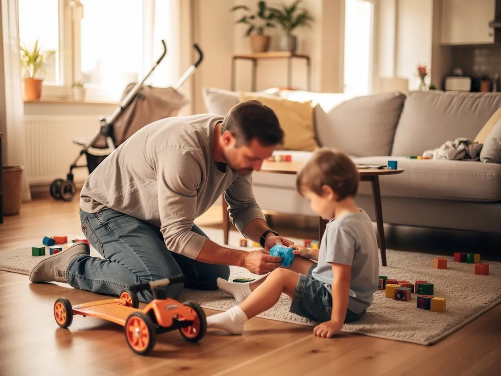 Vater kühlt im Wohnzimmer das Knie seines Kindes, neben ihnen liegen Spielzeug und ein Kinderroller.