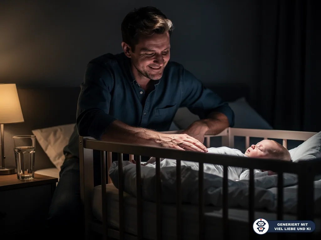 Vater lächelt nachts am Babybett und legt die Hand auf sein schlafendes Baby im abgedunkelten Schlafzimmer. (mit KI erstellt)