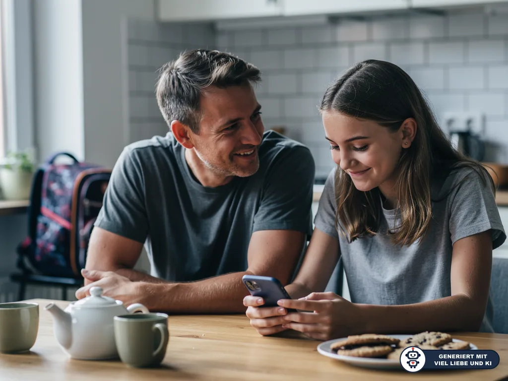 Vater lächelt seine Tochter an, während sie am Küchentisch auf ihr Smartphone schaut. (mit KI erstellt)