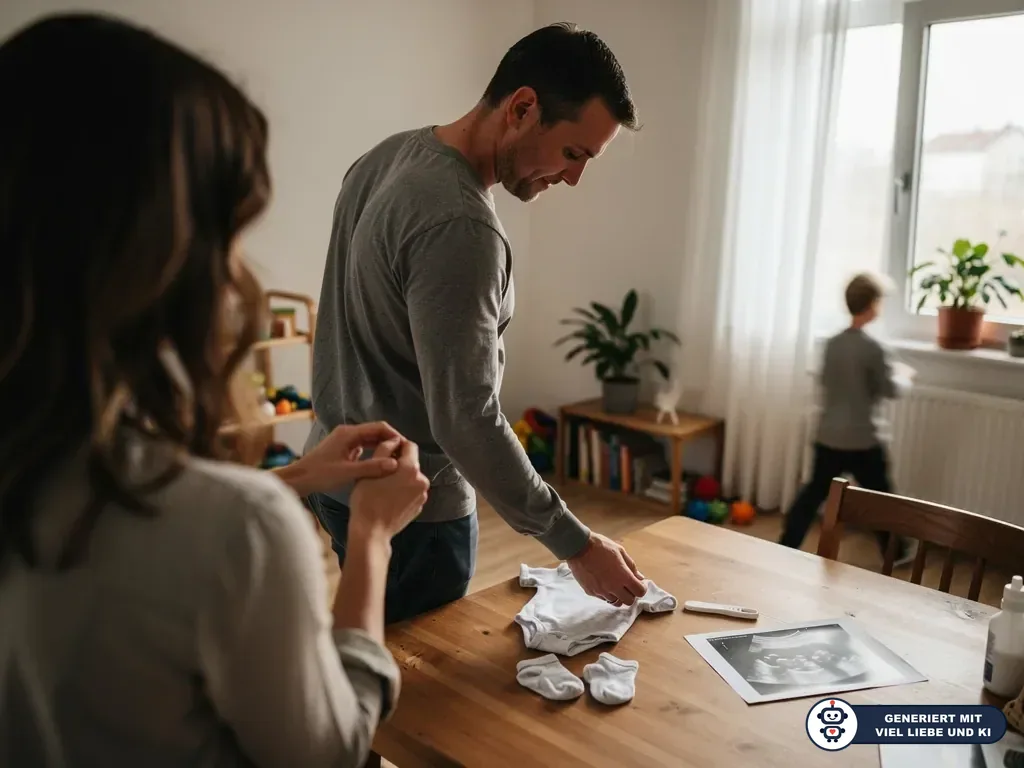Vater legt Babykleidung neben Ultraschallbild auf den Tisch, Mutter steht dabei, Kind spielt am Fenster. (mit KI erstellt)