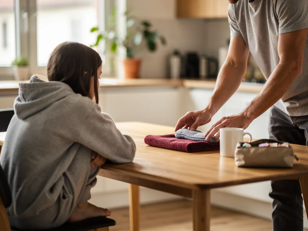 Vater legt Binde und Handtuch auf den Küchentisch, während seine Tochter im Hoodie daneben sitzt.
