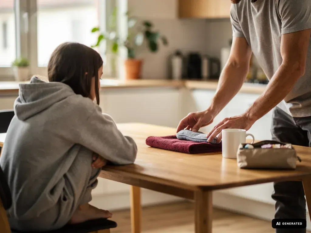 Vater legt Binde und Handtuch auf den Küchentisch, während seine Tochter im Hoodie daneben sitzt. (mit KI erstellt)