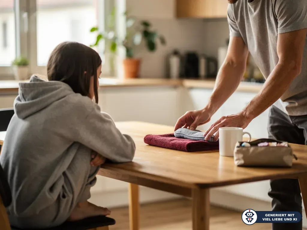 Vater legt Binde und Handtuch auf den Küchentisch, während seine Tochter im Hoodie daneben sitzt. (mit KI erstellt)