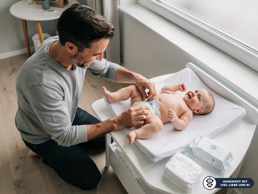 Vater legt einem Baby auf der Wickelkommode eine Windel an; daneben liegen Windeln und Feuchttücher. (mit KI erstellt)