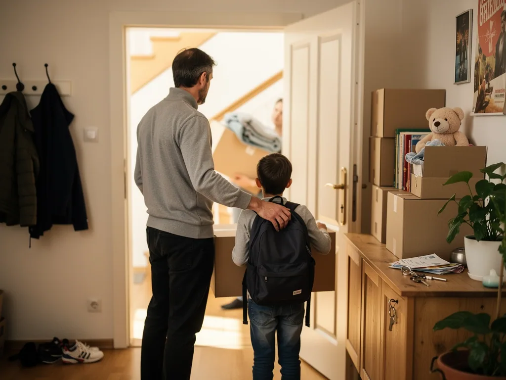 Vater legt seinem Sohn mit Rucksack die Hand auf die Schulter, neben gepackten Umzugskartons im Flur.