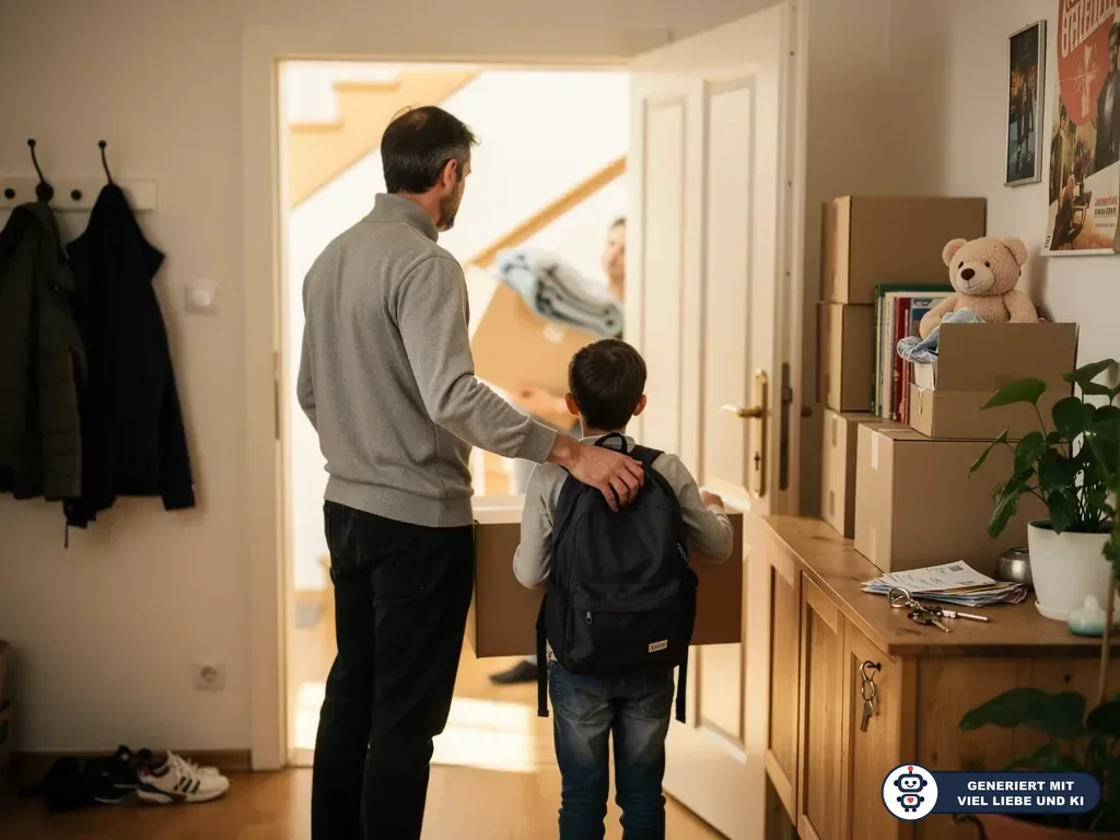 Vater legt seinem Sohn mit Rucksack die Hand auf die Schulter, neben gepackten Umzugskartons im Flur. (mit KI erstellt)