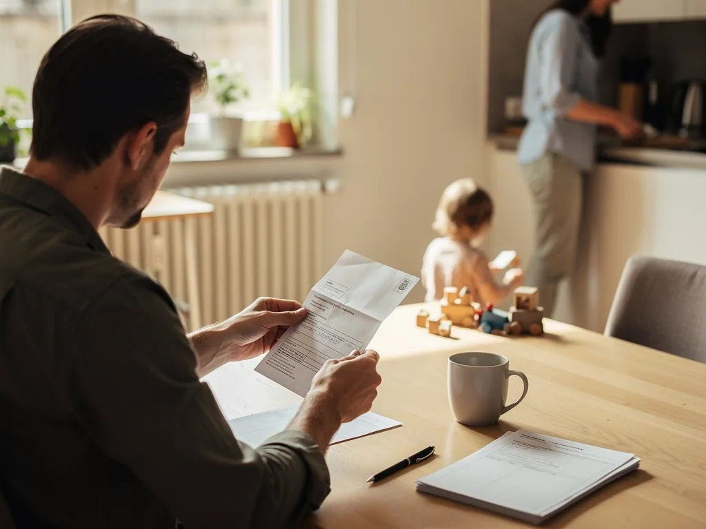 Vater liest am Esstisch einen Kindergeld-Antrag, während Kind spielt und zweite Person in der Küche steht.