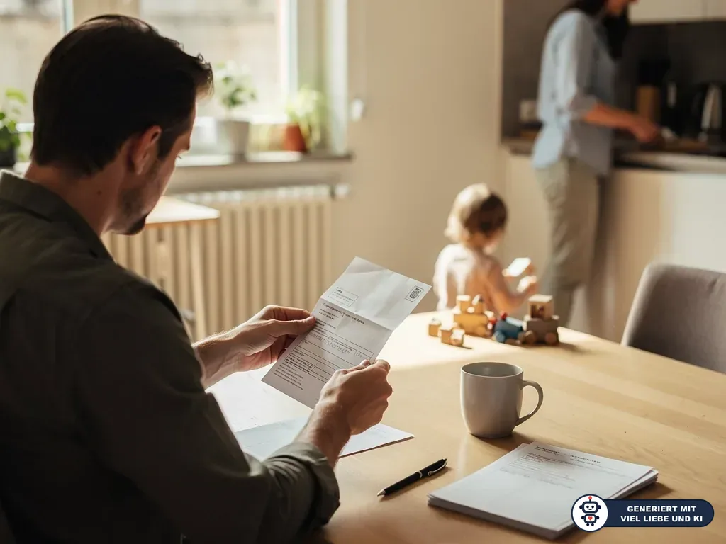 Vater liest am Esstisch einen Kindergeld-Antrag, während Kind spielt und zweite Person in der Küche steht. (mit KI erstellt)
