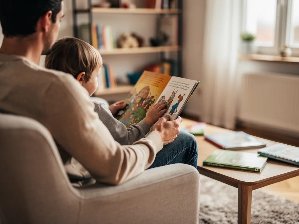 Vater liest mit Kind auf dem Schoß ein Bilderbuch; weitere Kinderbücher liegen auf dem Wohnzimmertisch.
