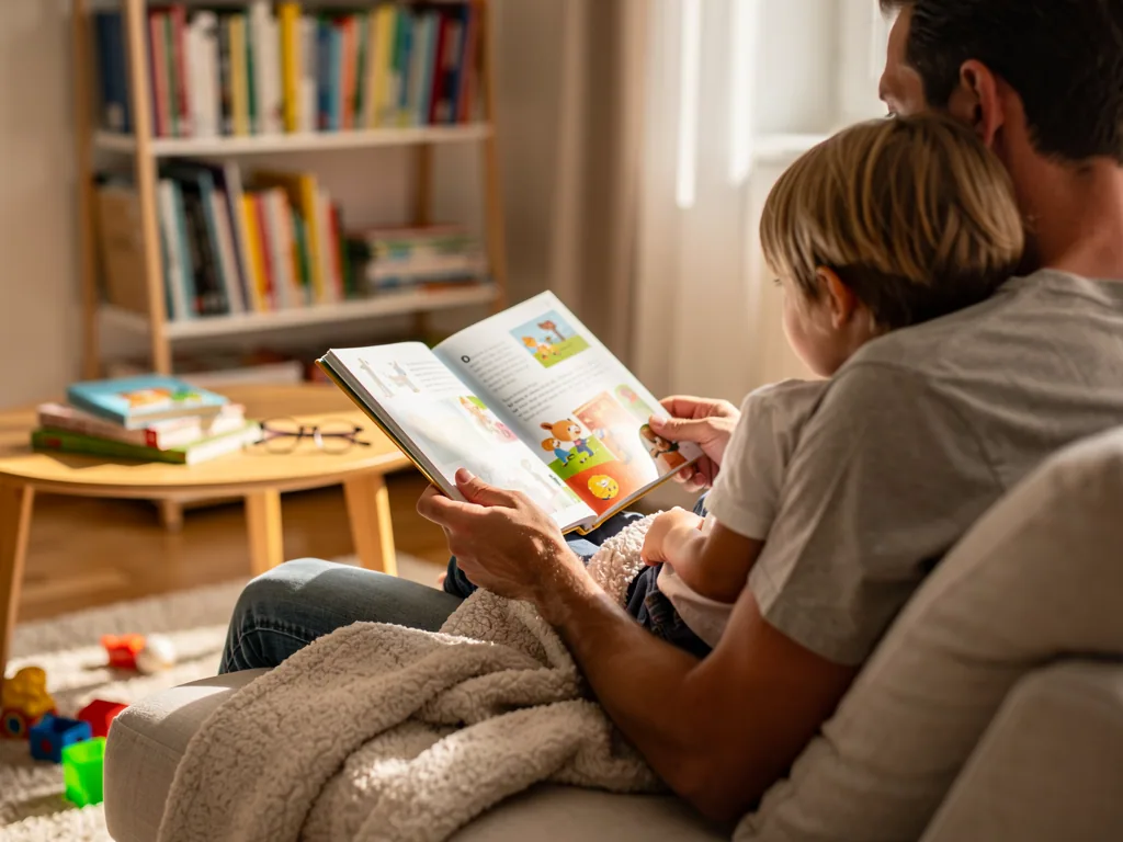 Vater liest mit Kleinkind auf dem Sofa ein Bilderbuch; im Wohnzimmer stehen Bücherregal und Spielzeug.