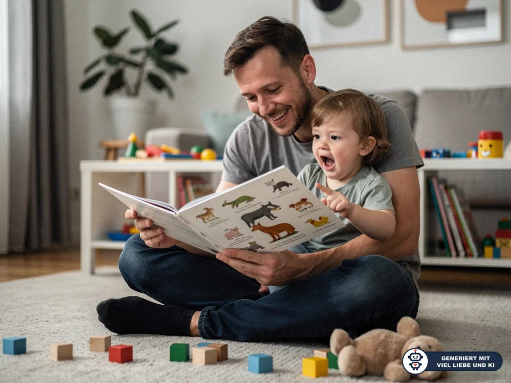 Vater liest mit Kleinkind ein Bilderbuch mit Tieren im Wohnzimmer, das Kind zeigt begeistert auf die Seite. (mit KI erstellt)