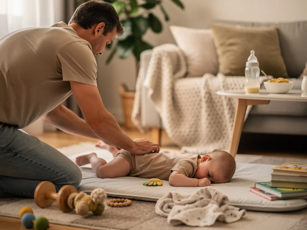 Vater massiert ein Baby in Bauchlage auf einer Spielmatte im Wohnzimmer, daneben Fläschchen und Babyspielzeug.