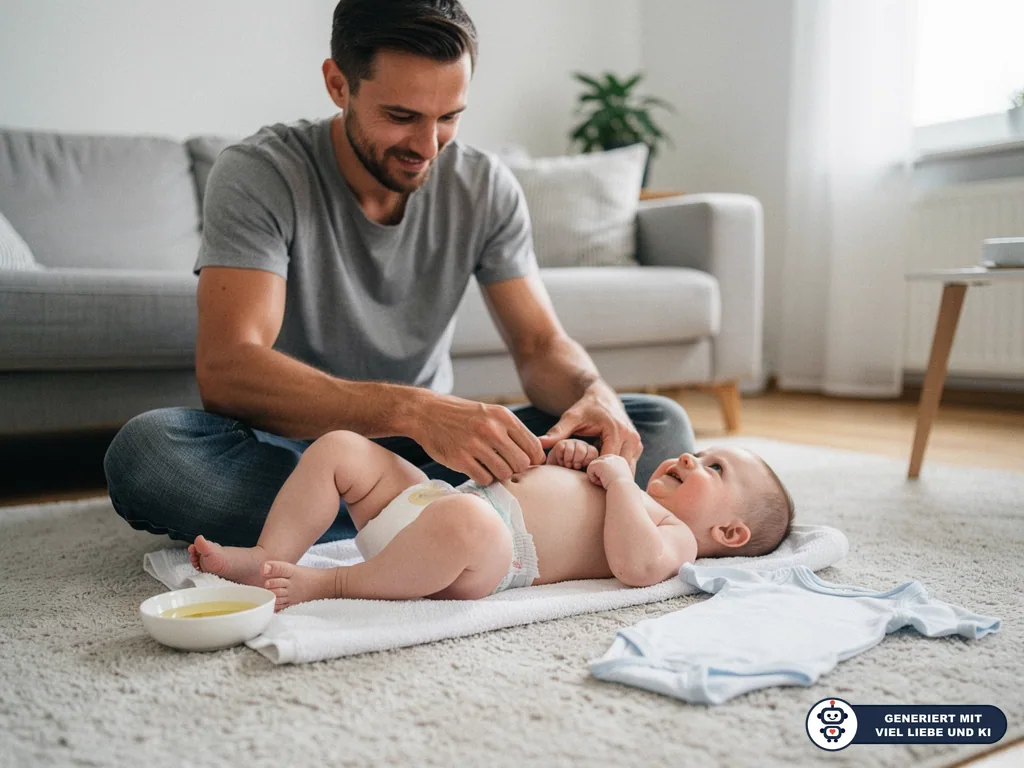 Vater massiert seinem Baby auf einer Decke im Wohnzimmer sanft den Bauch; daneben stehen Öl und Kleidung. (mit KI erstellt)