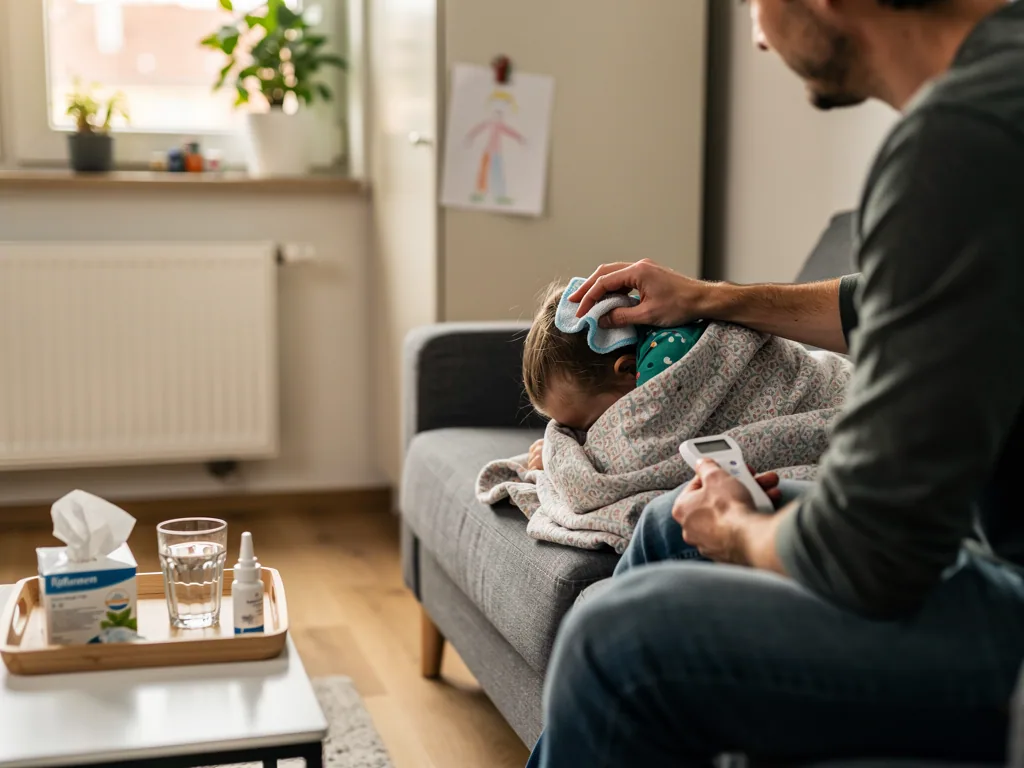 Vater misst bei krankem Kind auf dem Sofa Fieber; daneben stehen Taschentücher, Wasser und Nasenspray.