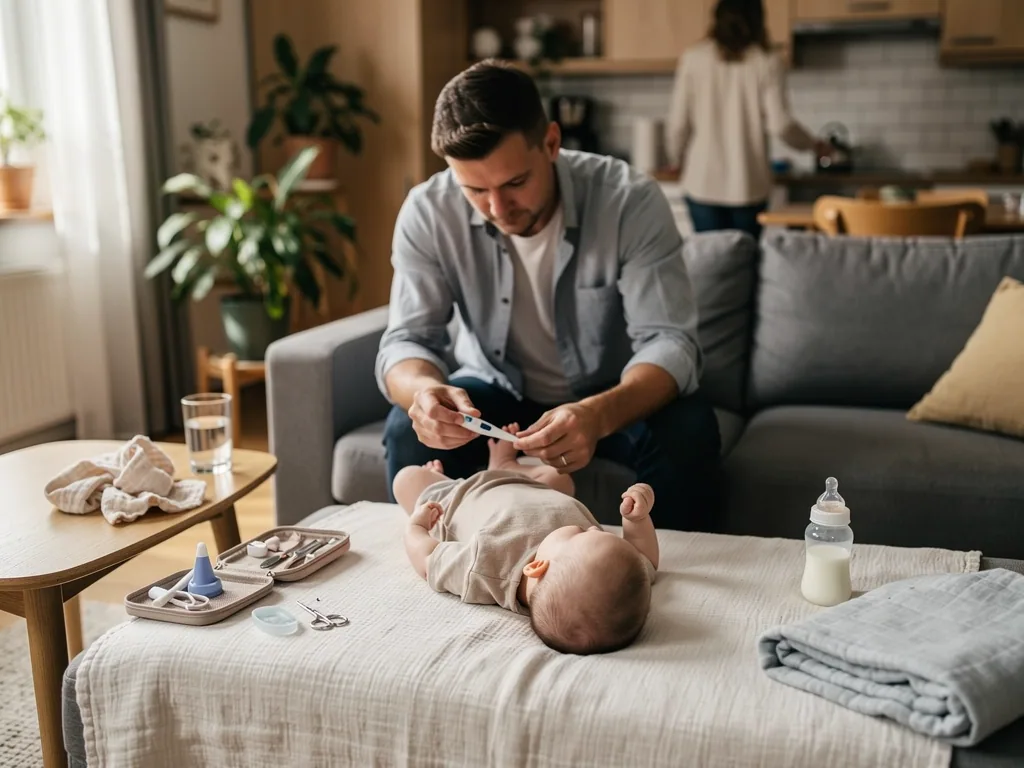 Vater misst bei seinem Baby auf dem Sofa Fieber; daneben liegen Pflegeutensilien, Fläschchen und Wasser.