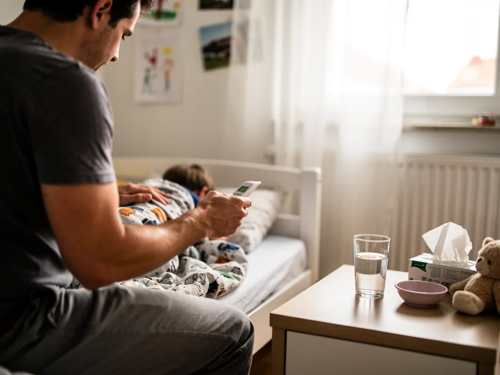 Vater misst bei seinem kranken Kind im Bett Fieber; daneben stehen Wasser, Taschentücher, Schale und Teddy.