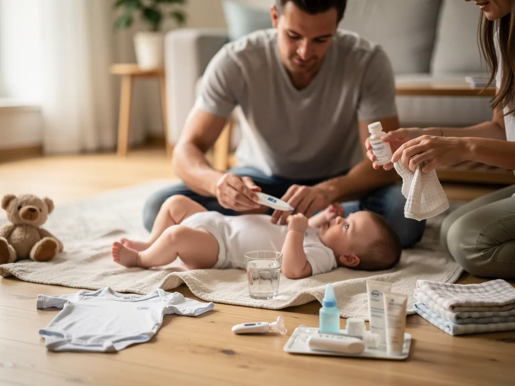 Vater misst beim Baby Fieber, Mutter hält Medizinfläschchen und Tuch; Pflegeutensilien liegen bereit.