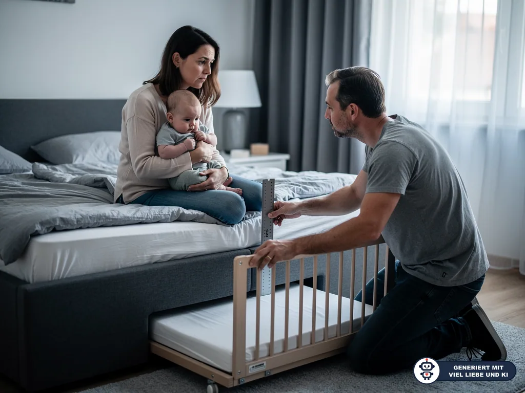 Vater misst ein Beistellbett am Elternbett, während Mutter mit Baby auf der Matratze sitzt. (mit KI erstellt)