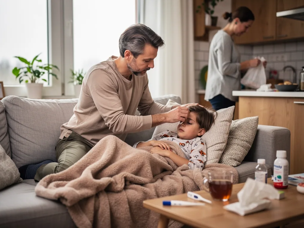 Vater misst einem kranken Kind auf dem Sofa die Temperatur, während die Mutter in der Küche steht.