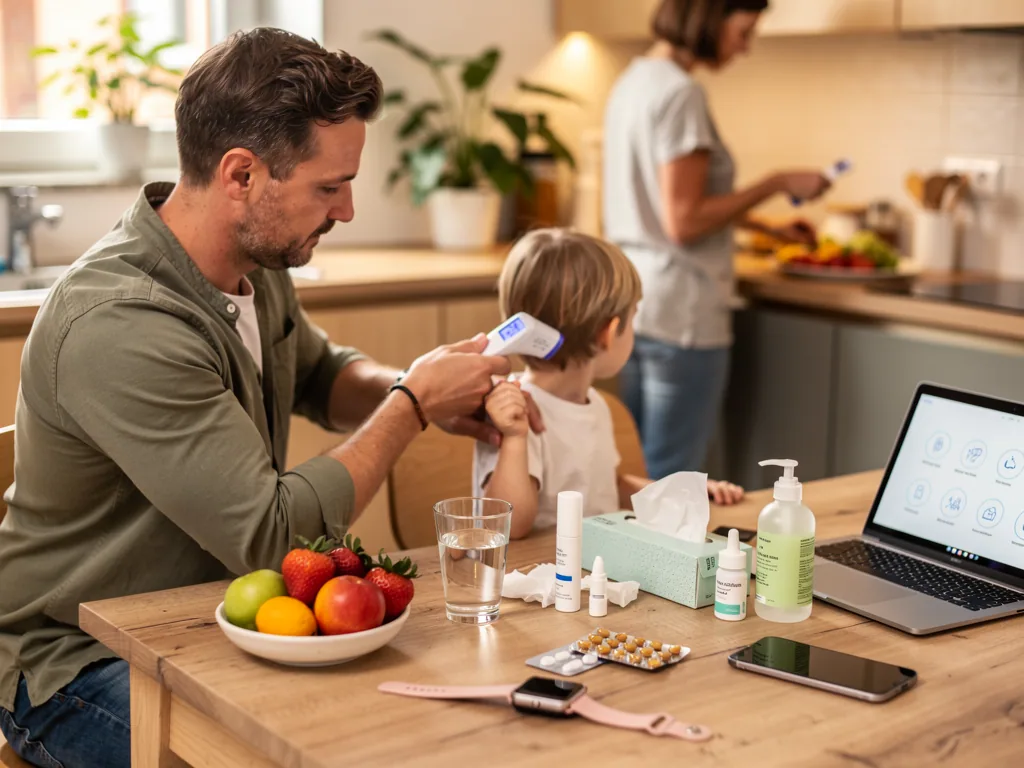 Vater misst Kind am Küchentisch Fieber; auf dem Tisch stehen Medikamente, Laptop, Obst und Wasser.