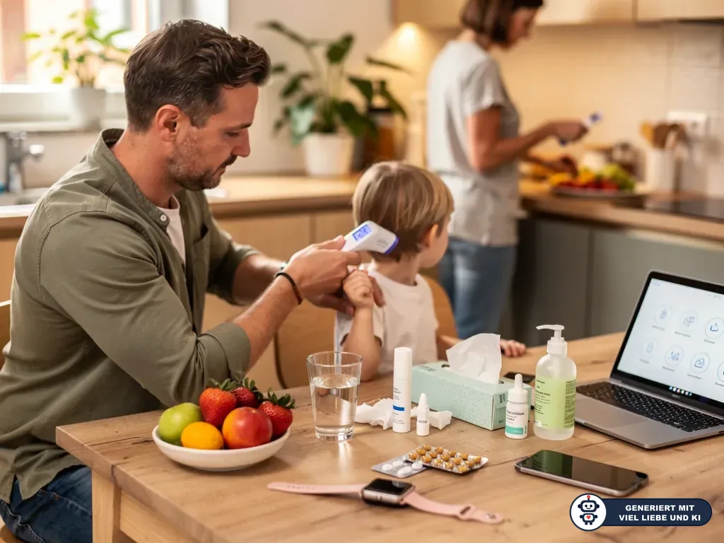 Vater misst Kind am Küchentisch Fieber; auf dem Tisch stehen Medikamente, Laptop, Obst und Wasser. (mit KI erstellt)