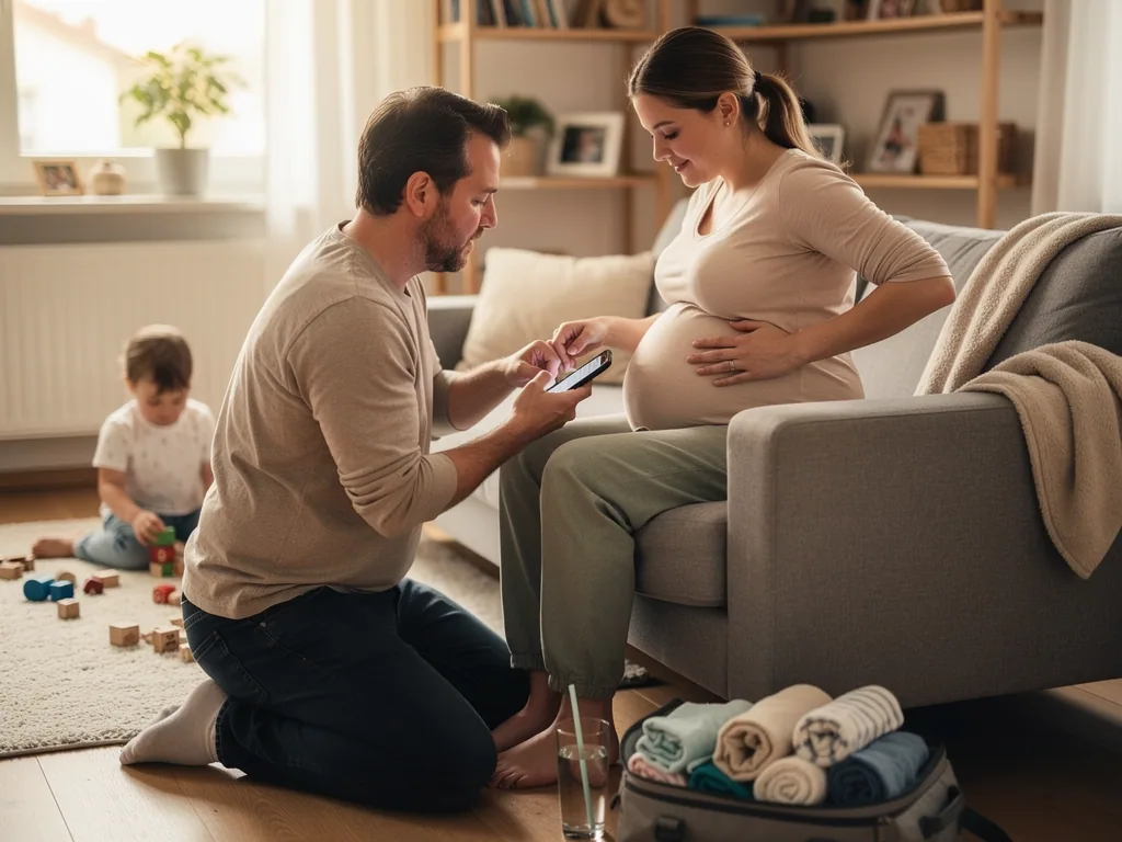 Vater misst Wehen per Smartphone, während eine Hochschwangere auf dem Sofa sitzt und ein Kind am Boden spielt.